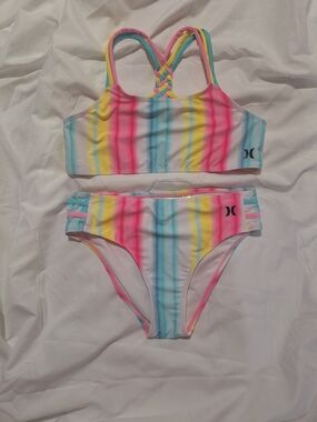 Hurley Girls' Multicolor Stripe Two-Piece Swim Set - Pink/Yellow/Blue
